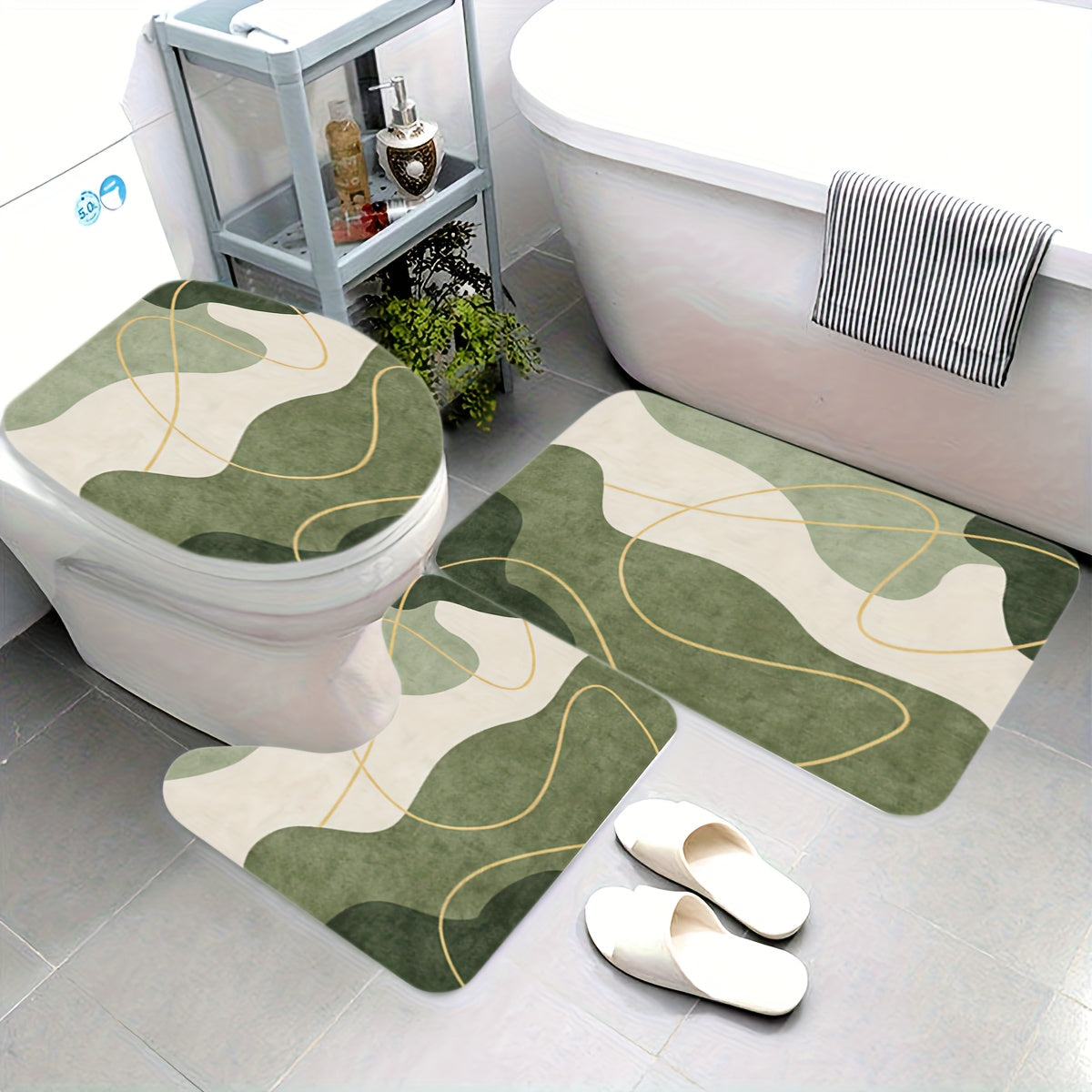 3pcs Bohemian Style Green Minimalist Print Bathroom Rug Set, Toilet Seat Cushion, U-Shaped Mat, Flannel Material, Soft Surface, Bathroom Decorative Floor Mats