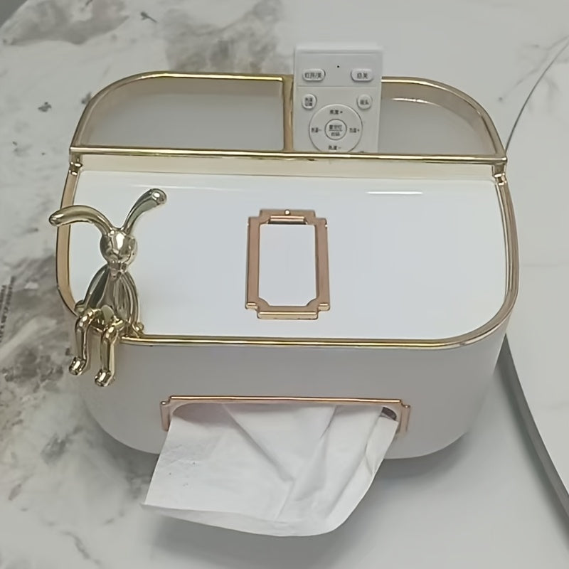 Elegant Golden-Tone Remote Control Tissue Box Holder - Square Plastic Napkin Dispenser for Living Room Coffee Table, Durable Dual-Use Storage Organizer, Modern Home Decor, Tissue Dispenser, Decorative Metal Accents, Smooth Finish