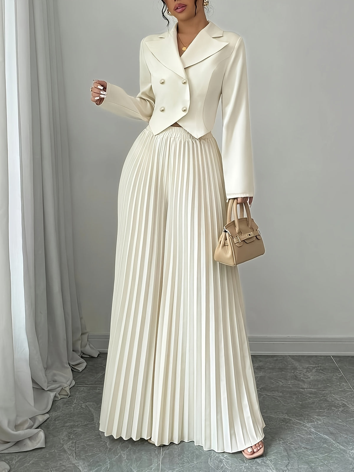Elegant Women'S Double-Breasted Long-Sleeve Suit Set with Pleated Edges, Perfect for Commuting