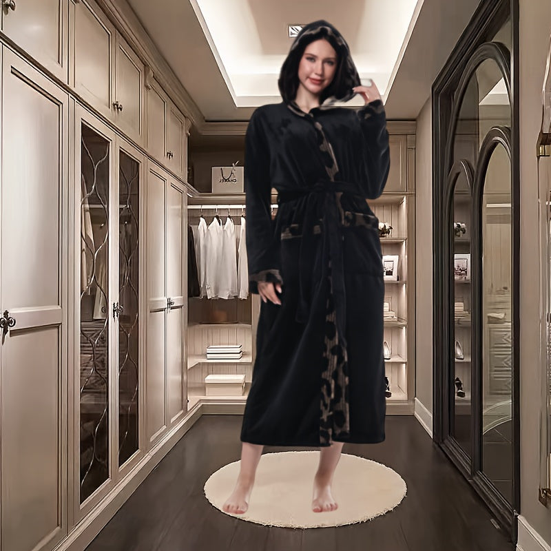 2025 Winter New Hooded Robe - Flannel Fashion Black Patchwork Leopard Print Decoration - Lazy Style Home Wear - Cross-Border Hot Seller - Winter Fleece Thickened, Long Style - Warm Long Sleeve Hooded - 120 Length To Show Height And Slim - Adjustable