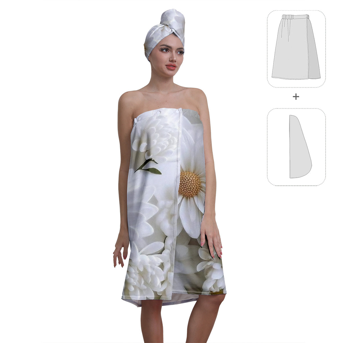 2pcs Modern Realistic Daisy Pattern, Wearable Bath Towel Absorbent Bathrobe Long Bath Towel, Bathroom Supplies, Female Sauna Skirt Bathroom Pendant Decoration, Bath Skirt Shower Cap Set, Soft And Delicate Absorbent