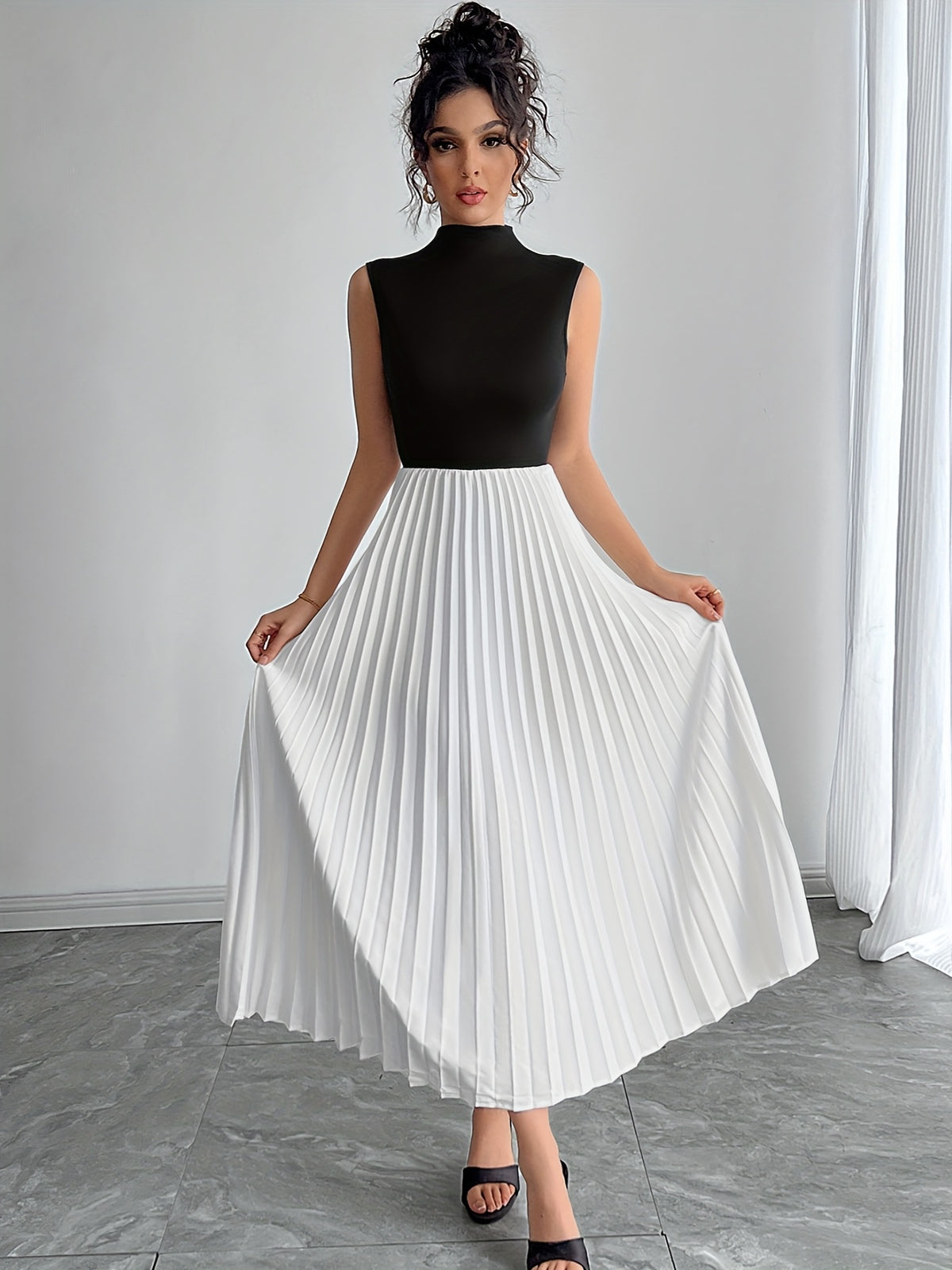 Women's Black and White Two-Tone dresses - Sleeveless flared skirt, Formal & Casual Outfits, Machine Washable Elegant Women's Dresses for Parties, Office, Casual Attire