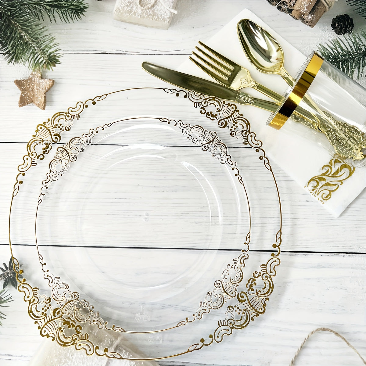 70pcs Disposable Clear Plastic Cutlery Set, Court Style Golden Trim Party Plates for 10 Guests, Includes Plates, Snack Plates, 10Oz Cups, Cutlery, And Napkins, Perfect for Parties, Gatherings, And Weddings