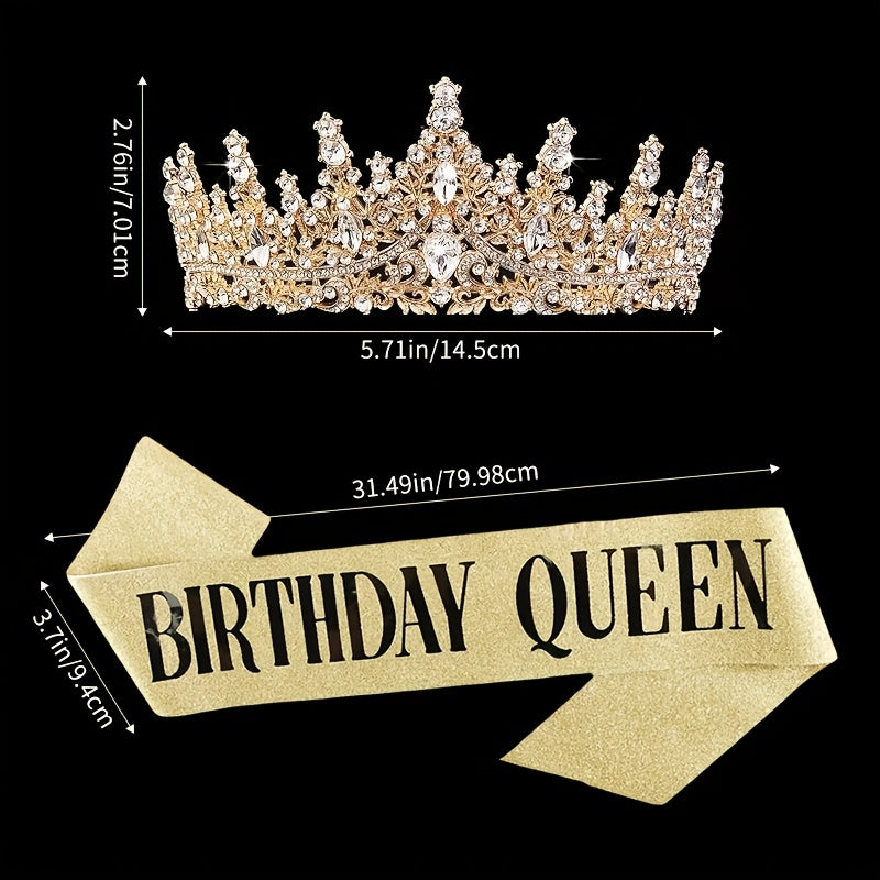 2pcs Birthday Crown and Queen Sash Sparkling Set - Women's Crown, Princess Party Supplies Gift Set for Halloween,Christmas Event & Party Supplies Halloween&Christmas