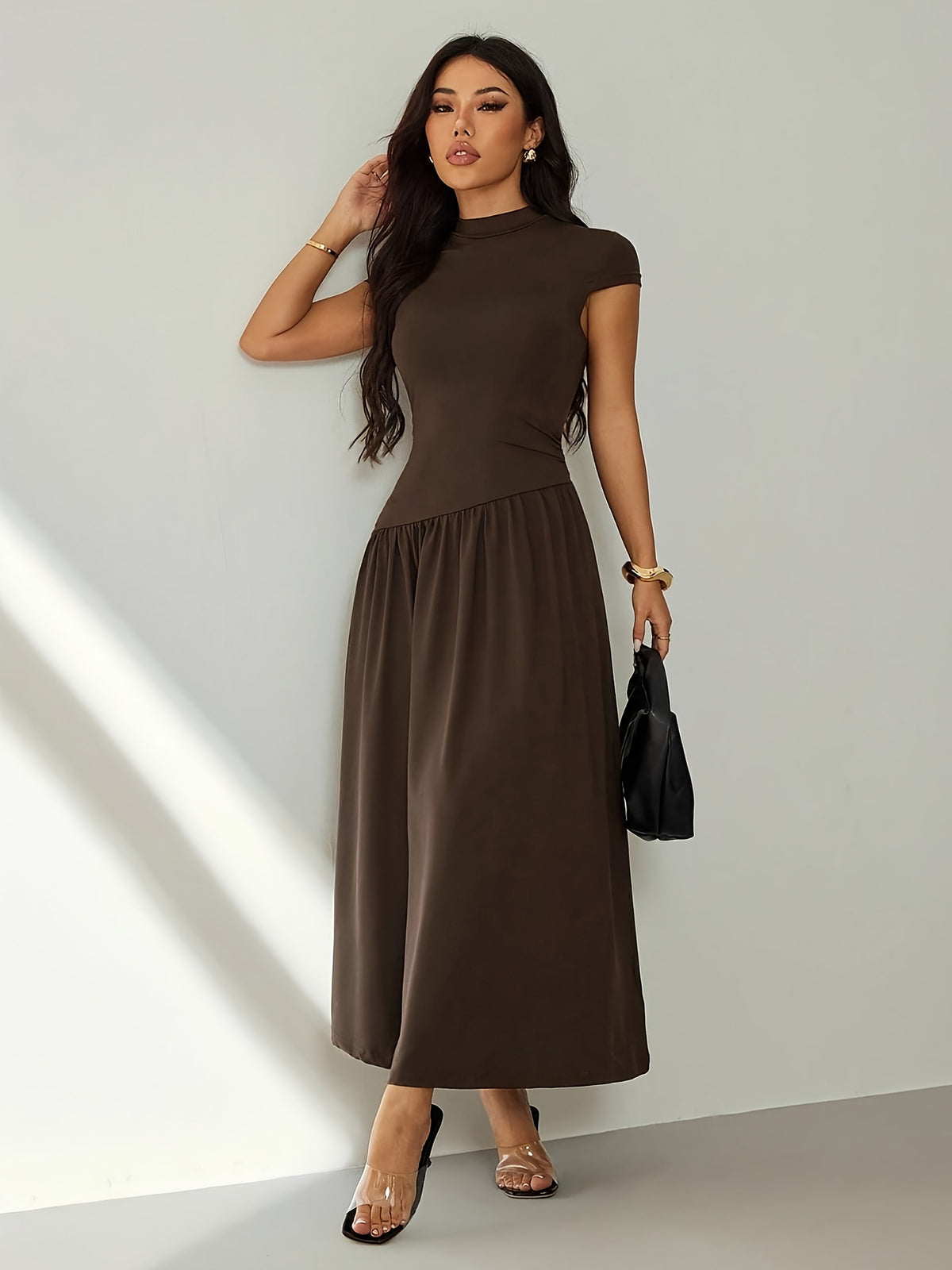 Women's Solid Color Stand-up Collar Puff Sleeve Pleated Long Casual Dress, Summer Brown Dress