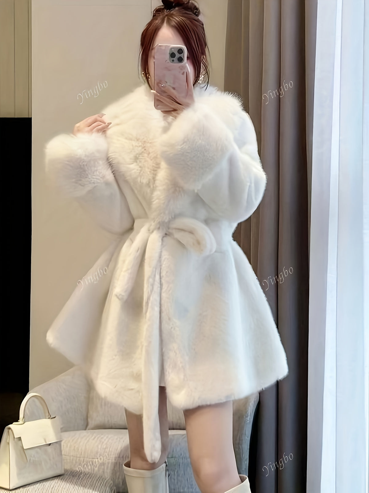 Women's Winter White Plush Faux Fur Coat - Elegant Long Sleeve A-Line Jacket with Belt, Single-Breasted Collar & Luxurious Fur Trim, Waist-Cinching Warm Coat for Parties, Weddings, (Not Machine Washable)