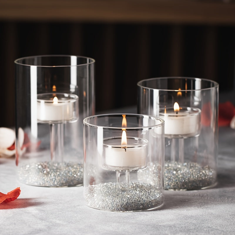 3 Glass Hurricane Tea Light Candle Center Decorations, Cylindrical Transparent Tea Light Candle Holders, for Table Center Decoration, Wedding Home Decoration, Party Catering, Birthday Room Decoration