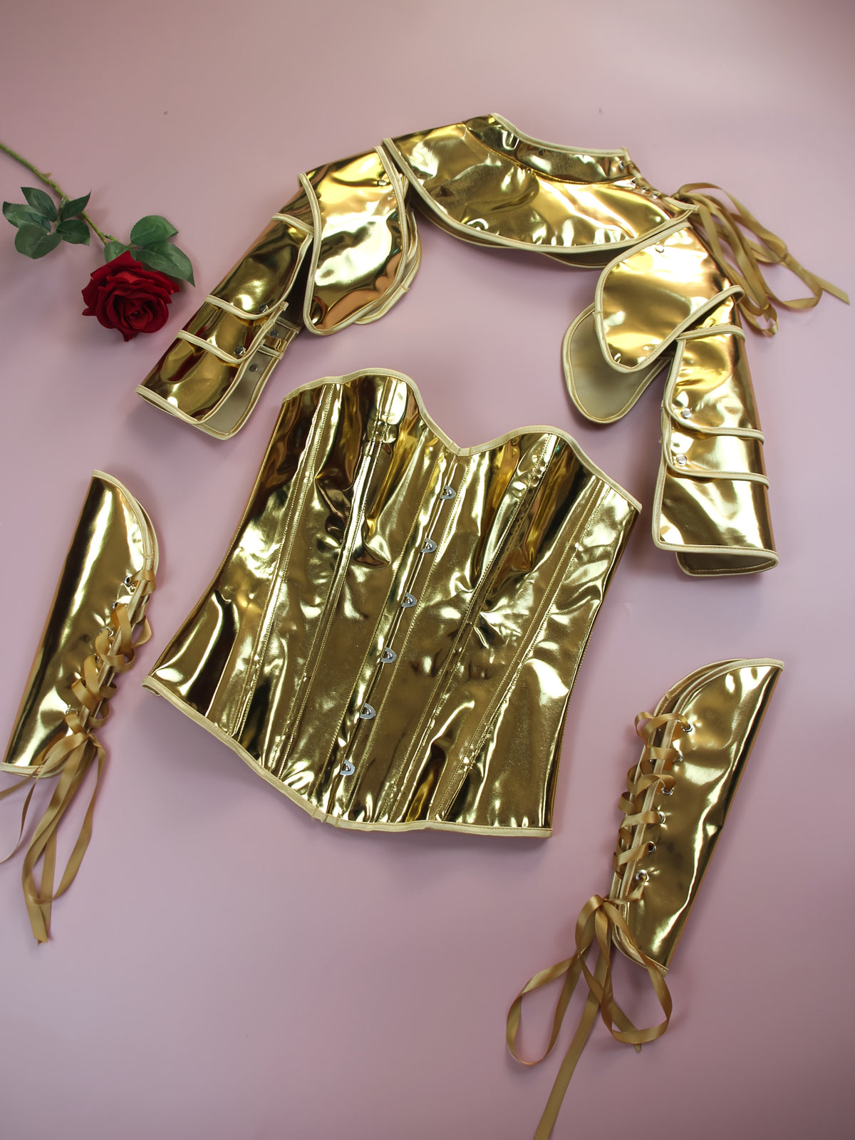 Cyberpunk Style Golden PU Robe Cape and Slim Fit CORSET, Iron Knight Costume Set