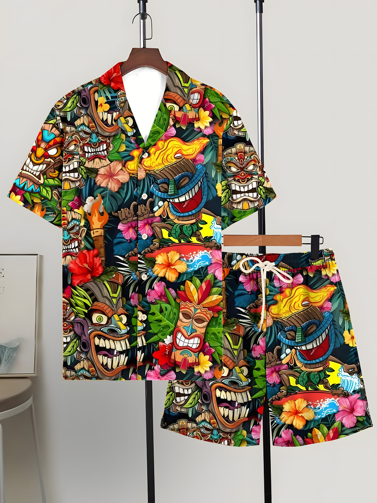Men's Hawaiian Style Print Loose Cuban Collar Shirt Shorts Casual Suit Men's Short Sleeve Shorts Gourda Set