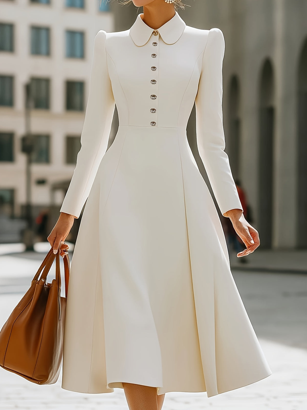 Elegant and Graceful Lapel Long-sleeved Heavy Decorative Button Puff Sleeve Mid-length DressLL168