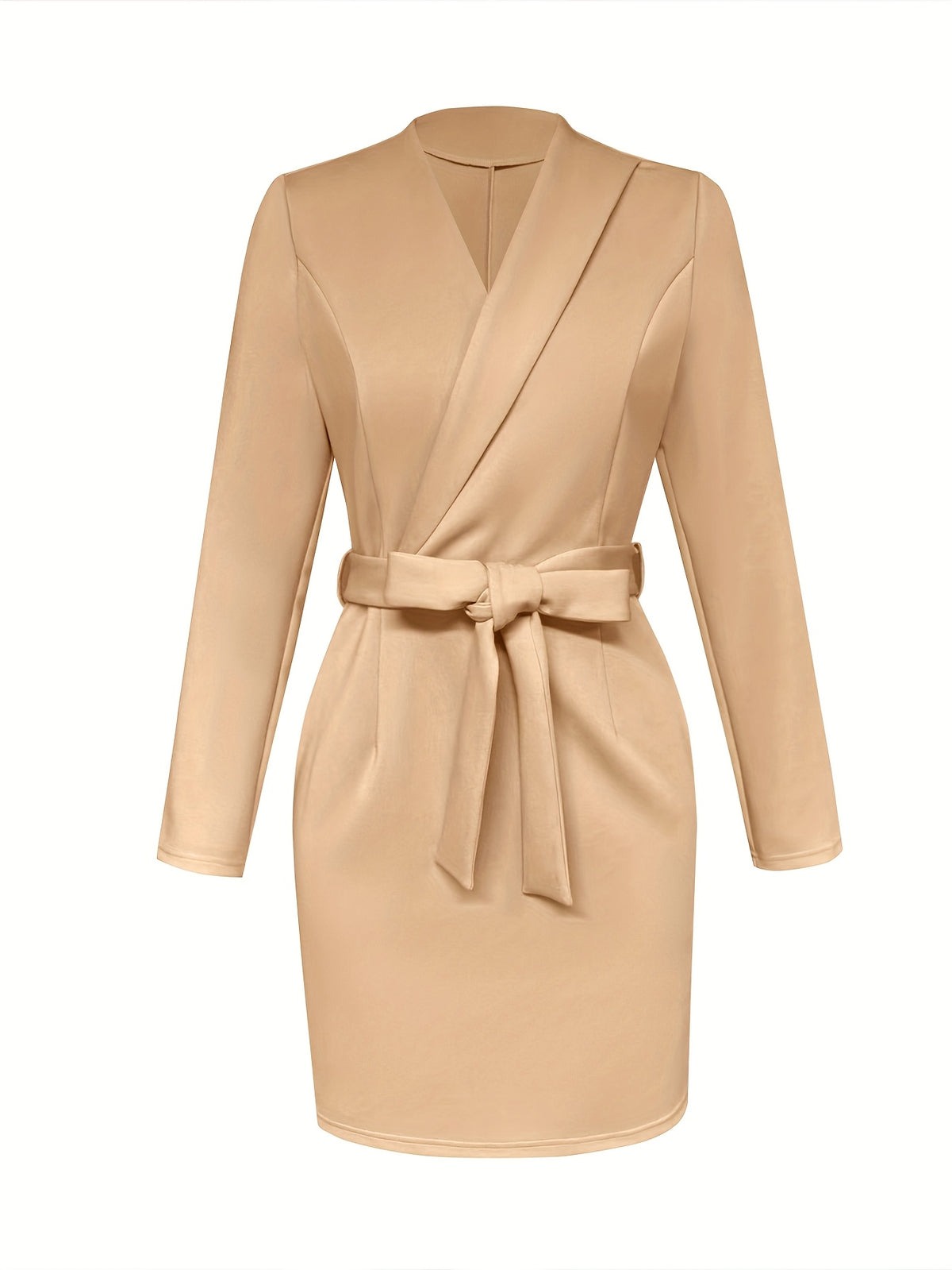 Women's Elegant Apricot Asymmetric Tie-Waist Dress - Cross Neckline Bodycon Dress with Asymmetric Hem, Medium Stretch Fabric for Wedding Guest Gown, Party Dress, or Special Occasion Attire (Solid Color, Hand Washable)