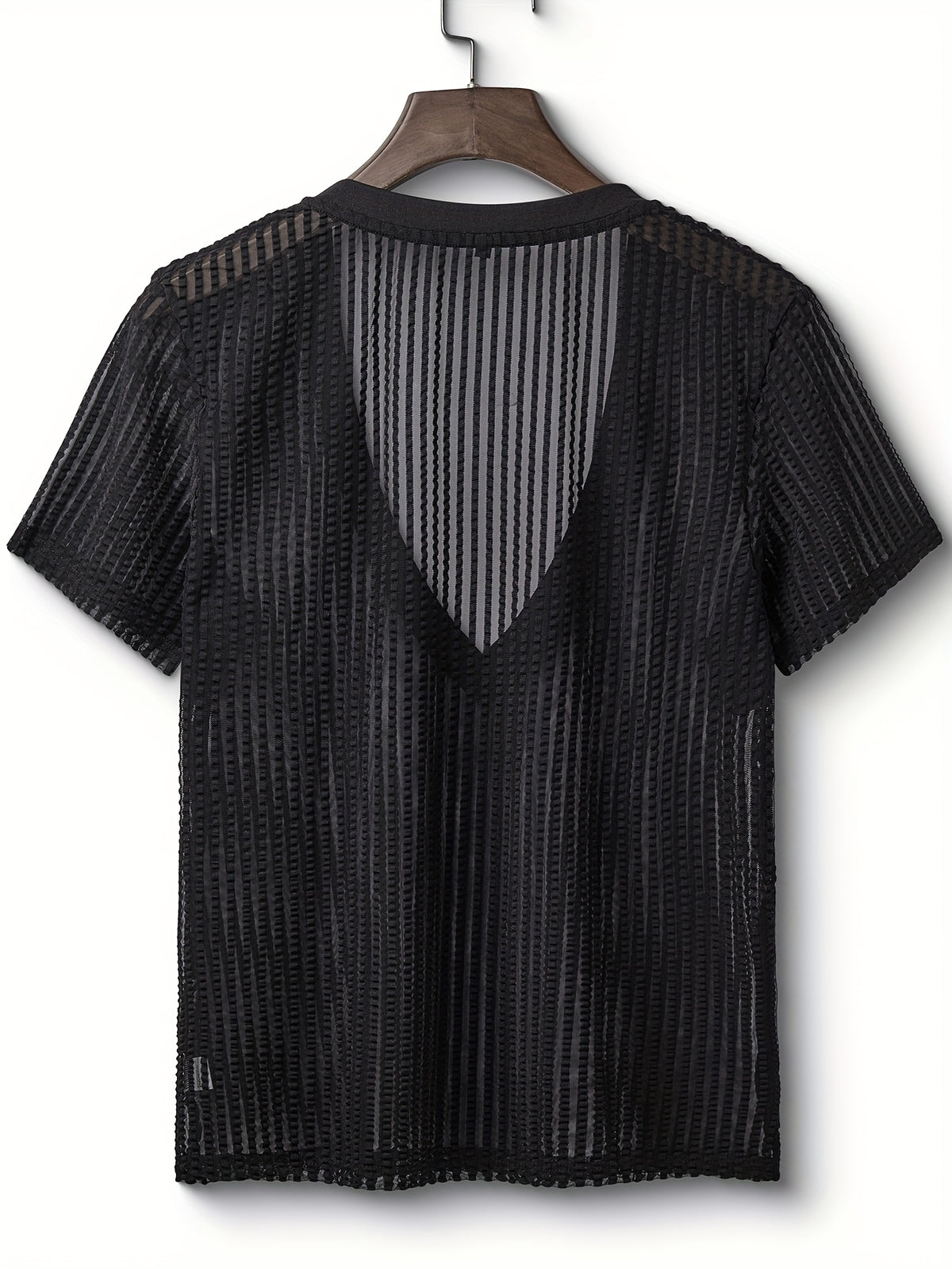 Men's Slim Fit Stretch Mesh V-Neck T-Shirt - Breathable Semi-Sheer Fabric, Sexy Textured Design for Spring Casual & Evening Dates, Machine Washable, Date Night Top, Soft Elasticity Shirt