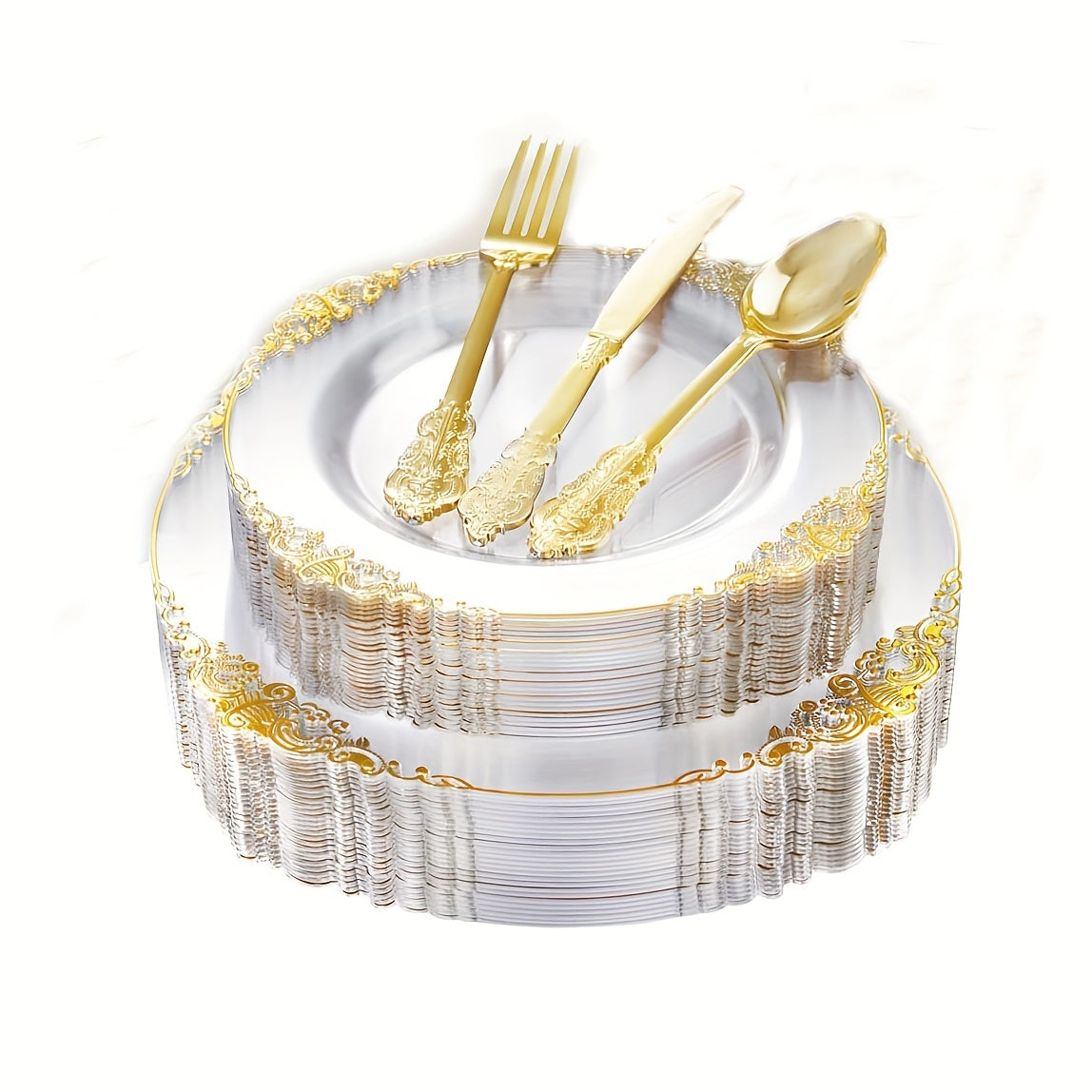 50pcs Transparent Golden Plastic Plates, Transparent Disposable Plates with Golden Rims, Plastic Cutlery Set Includes 10 10.25-Inch Plates, 10 7.5-Inch Dessert Plates, 10 Knives, 10 Forks, 10 Spoons, Suitable for Weddings, Parties, Dinners, Christmas, Ha