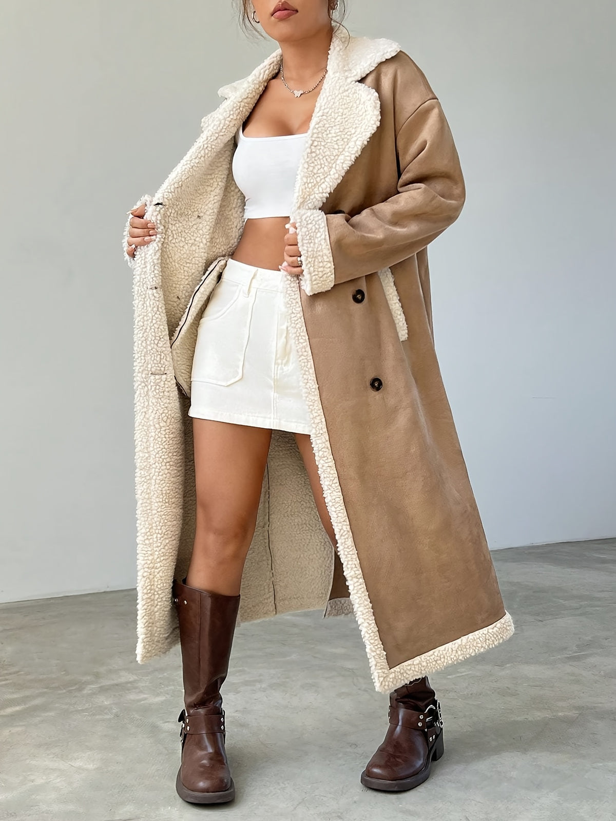 Women'S Long Winter Coat - Elegant Black Outerwear with Double-Breasted Front, Knee-Length Cold Weather Jacket for Everyday & Formal Events, Non-Bulky Warmth, Easy-Care Fall/Winter Clothing, Ladies Winter Coats, Seasonal Fashion, Plush Lining, Office Wea