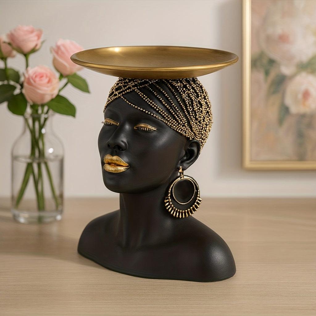 1pc Black & African-Inspired Resin Decorative Serving Tray - Glossy Painted Abstract Face Art Sculpture-Like Centerpiece, Elegant Home Decor, Tabletop Display for Parties, Weddings, Events - Durable Gift Bowl, Non-Food Contact