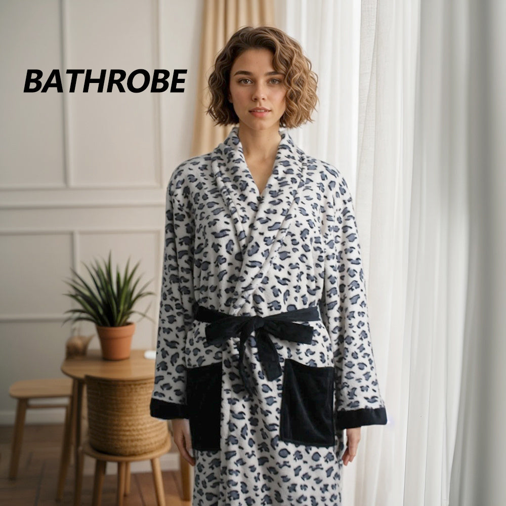 1pc Leopard Print Long-Sleeved Bathrobe with Pockets and Belt, Soft and Warm Coral Fleece Bathrobe, Absorbent and Quick-drying, Suitable for Home Shower, Travel Vacation, Hotel, Beach, Swimming, Camping, Yoga, Unisex Bath Towel, Christmas gift, Beach