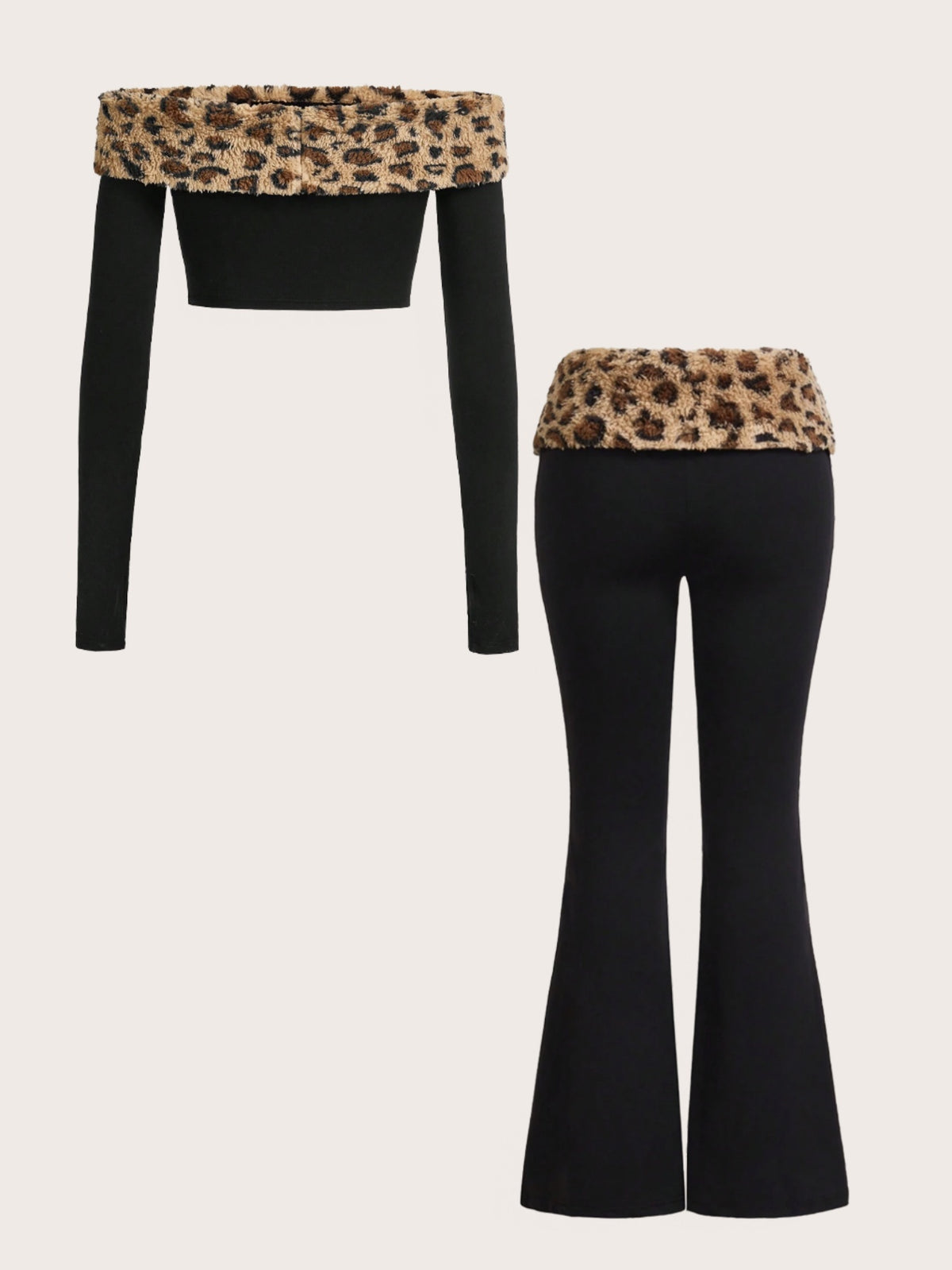 Y2K Women's Off-the-Shoulder Leopard Print Plush Patchwork Top and Pants Set - Black Autumn Two-Piece Outfit with Long Sleeves + Flared Trousers, Trendy Fashionable Combo