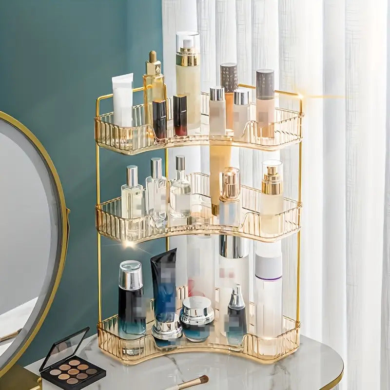 3-Tier Corner Storage Rack - 360° Rotating Space-Saving Organizer for Lipstick, Skincare & Makeup | Durable Plastic Freestanding Shelf with Polished Finish | Ideal for Bathroom, Dressing Table, Kitchen | No Assembly Required, Makeup Vanity Desk, Sleek De
