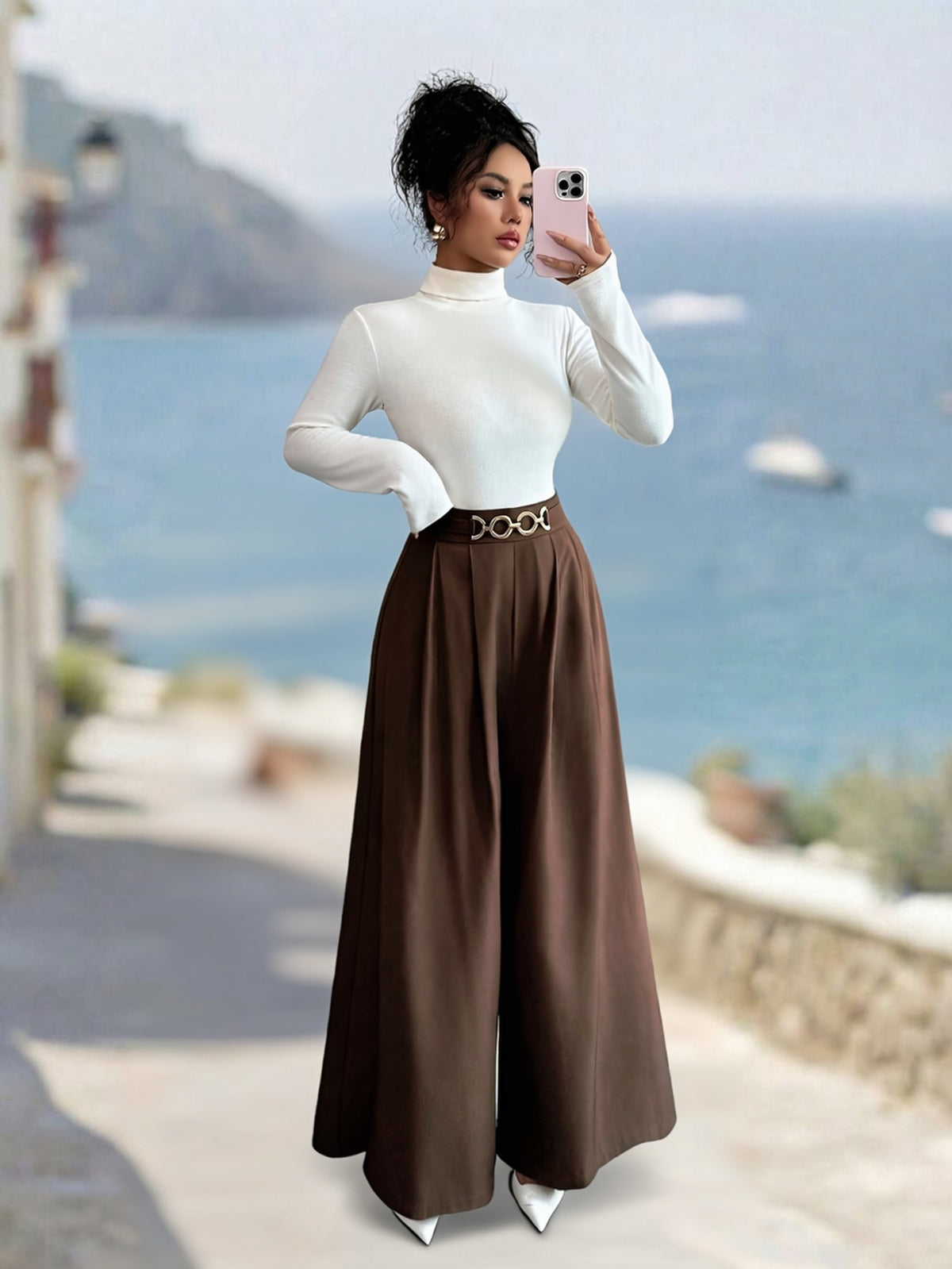 Women's High-Waisted Wide-Leg Pants with Metal Chain Detail