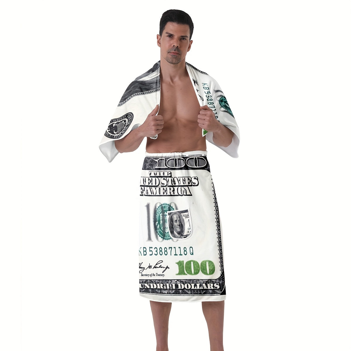2pcs Men'S Towel Set - Artistic 100 Dollar Bill Design, Microfiber Bathrobe & Towels, Perfect for Shower, Pool, Spa, and Beach - Ideal Birthday Gift for Men, Bath Towels, Wash Cloths