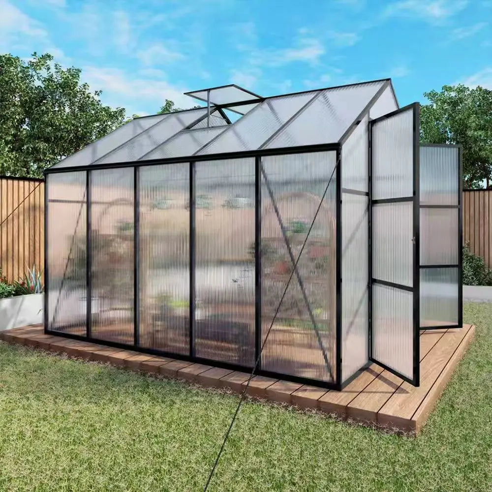 8*10ft Free Ship in Stock Polycarbonate Greenhouse with Stronger Wind Protection and Roof Vent,Walk-in Large Aluminum Sunroom