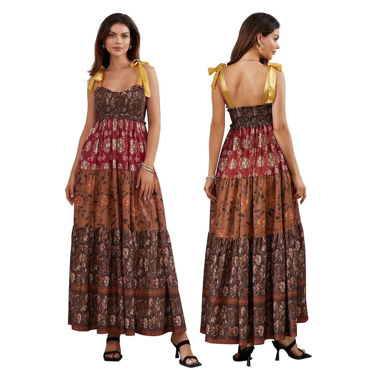 Combhasaki Women's Y2K Vintage Floral Print Ribbon Tie-Up Shoulder Straps Sleeveless V-Neck Summer Big Swing A-line Long Dress