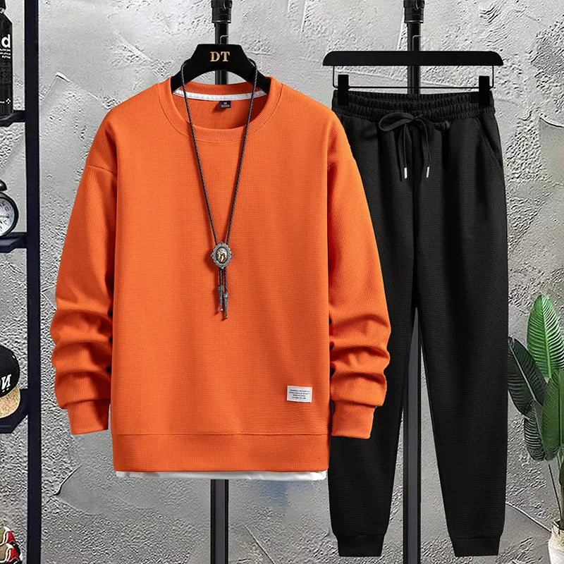 Men's Waffle Suit Sets Casual Long Sleeved Sweatshirt and Pants for Sports Men's T-shirt Hoodie Casual Trousers Set Loose Fit