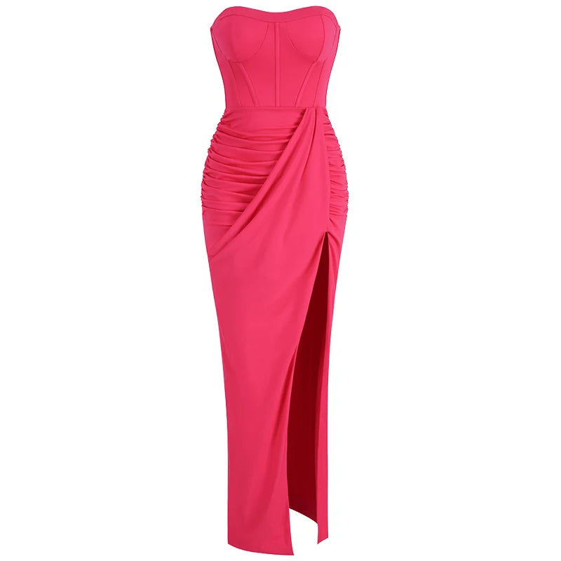 Summer New women's Sexy breast wrapping,backless Dress, Red Wrinkled Hem Split Party ceremonial dress Long, Dress