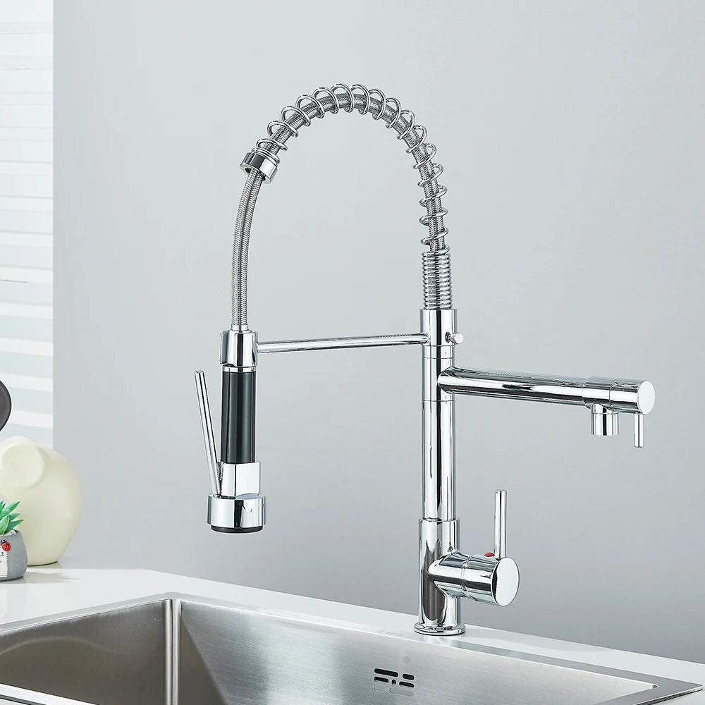 Black Pull Down Kitchen Sink Faucet Hot Cold Water Mixer Crane Tap with Dual Spout 360 Rotation High Faucet Deck Mounted