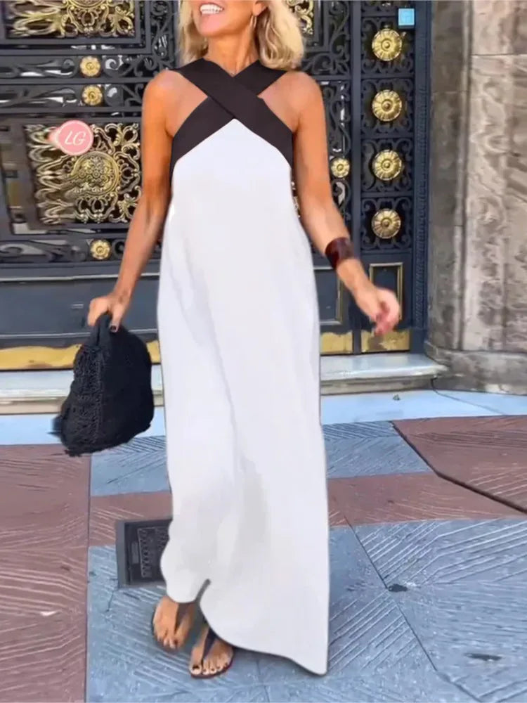 Summer Casual Loose Beach Dresses Fashion Off Shoulder Multi-color Holiday Dress 2025 New Women Halter Color Blocked Long Dress