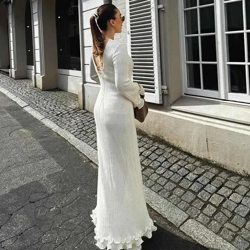 Fashion Ruffled Hem Knitted Long Dress Women Sexy O Neck Flare Long Sleeve Backless Lace Up Slim Dresses Female Vacation Robes