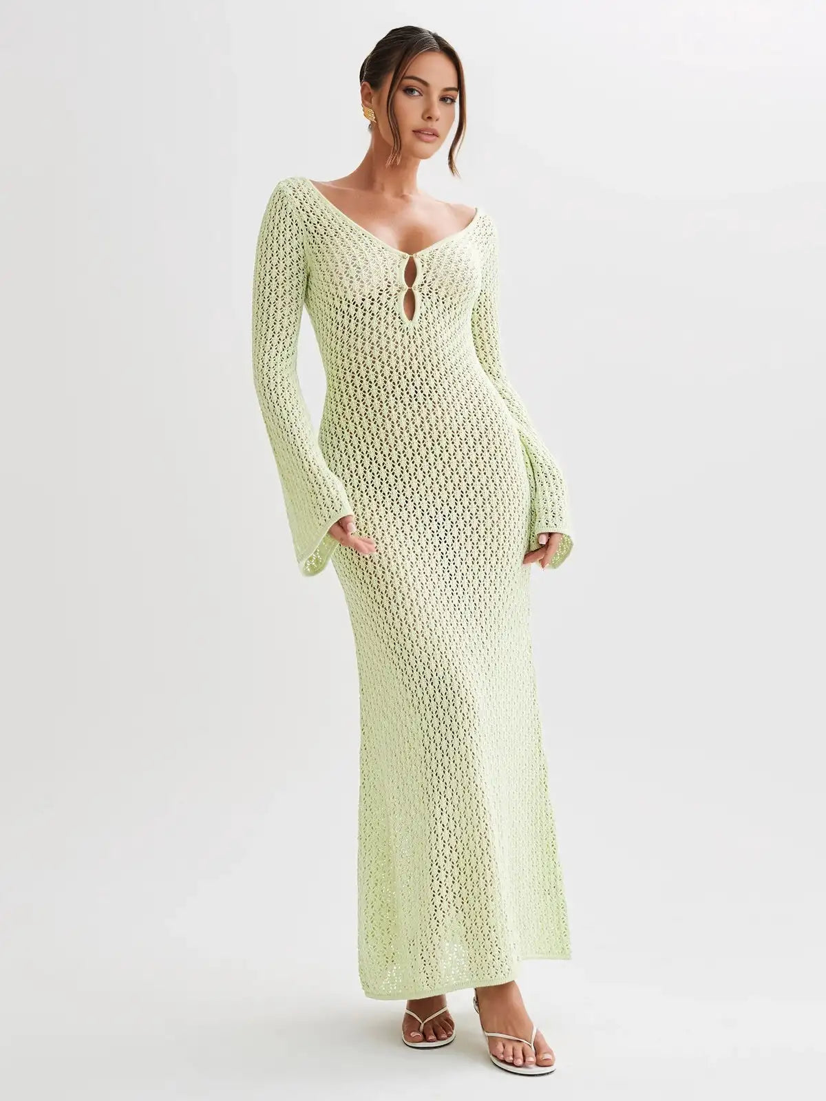 Sexy Cover Up Long Sleeve Long Dress Women Backless Beach Wear Bathing Suit Knitting Swimwear knitted Beach Dress Tunic Robe