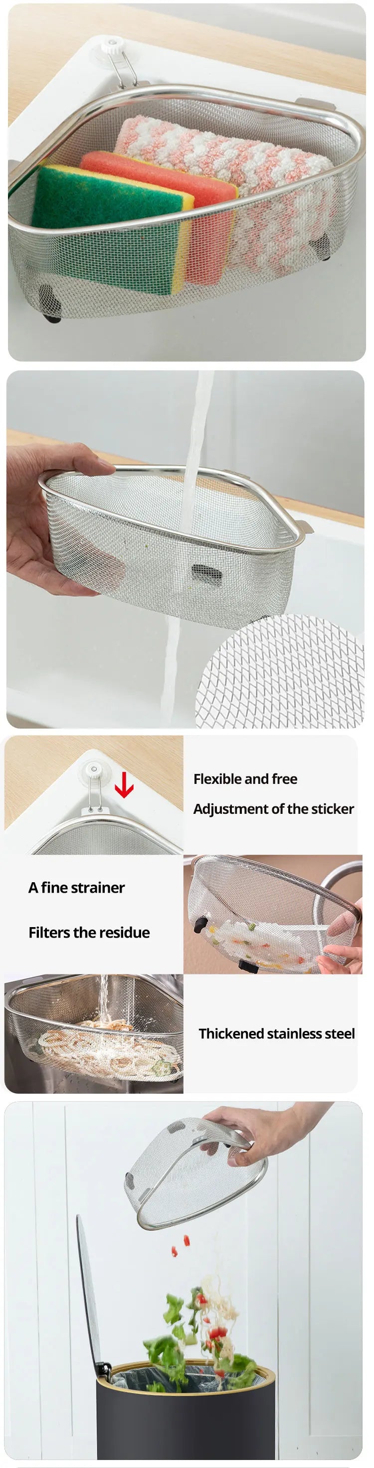1pc Sink Triangle Drain Basket Stainless Steel Kitchen Residue Filter Net Basket Leakage Wash Vegetable Basket Storage Shelf