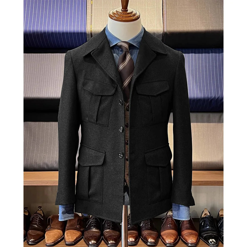 Men's Herringbone Hunting Jacket Casual 4 Pockets Fashion Design Vintage Tweed Blazer Blazer Single Breasted Comfortable Work