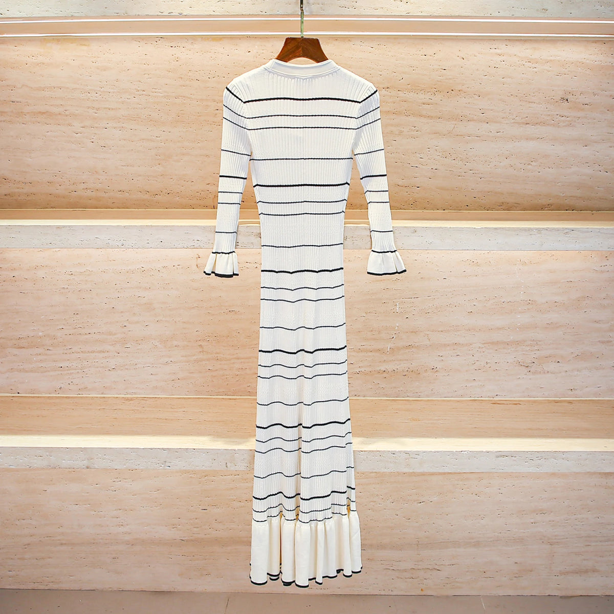V-neck Striped Knitted Dress,high-end Women's Winter French Style New Item Evening Gown for Women Elegant Party Long Dress