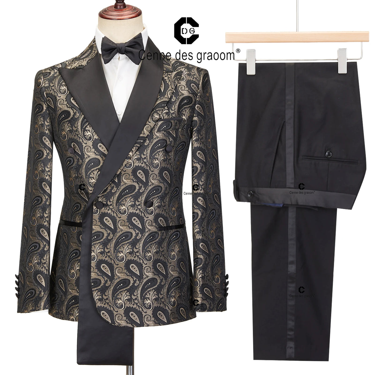 Cenne Des Graoom 2024 New Double-breasted Tuxedo Suits for Men Floral Paisley Jacquard Blazers Pants Wedding Party Wear Prom 