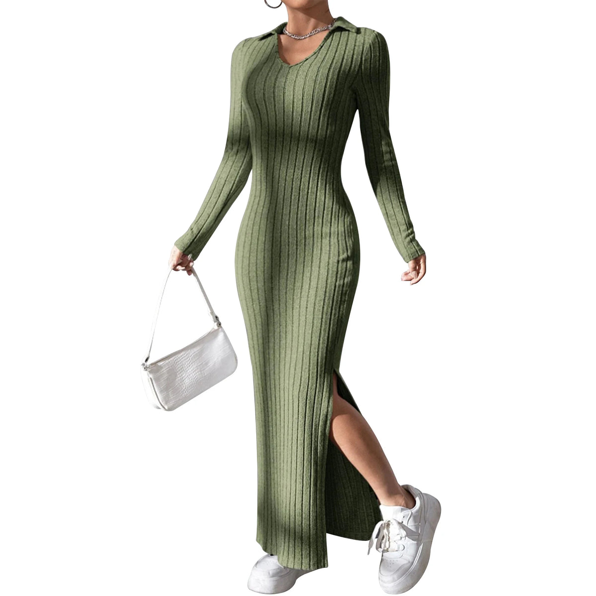 Women's Fall Winter Knitted Dress Long Sleeve Lapel Collar Solid Color Bodycon Long Dress Going Out Dress