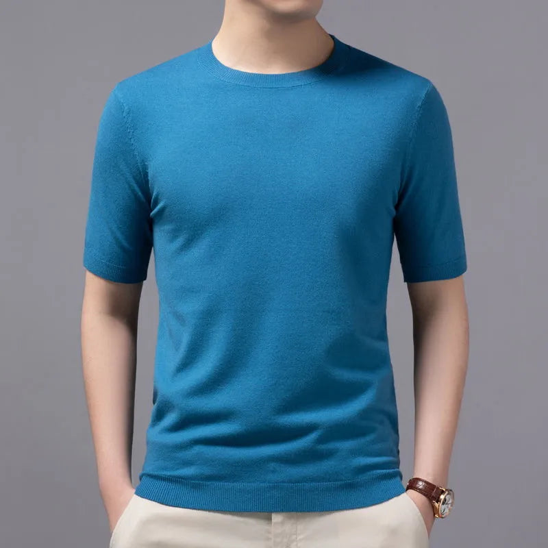 Superfine Merino Cashmere Knitted O-neck T-shirt for Men's Clothing Short Sleeve Tee Solid Color Trend Leisure Tee Tops 