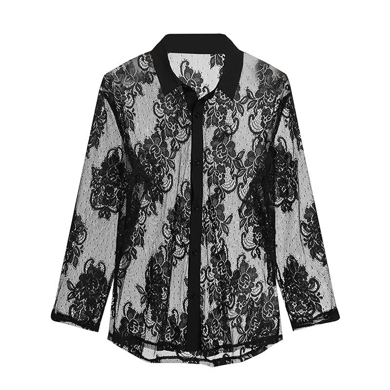 Men's Summer Shirts Lapel Neck Mesh Floral Print Long Sleeve Button-Down Casual Fashion Mature Tops