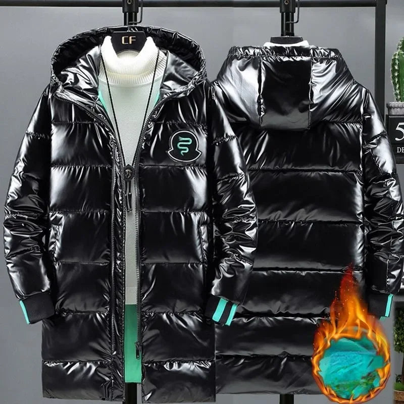 Men's Mid Length Cotton Down Jacket, Thick Down Overcoat, Glossy Coat, Quilted Hoodie, Hat, Winter Trend, Casual, New