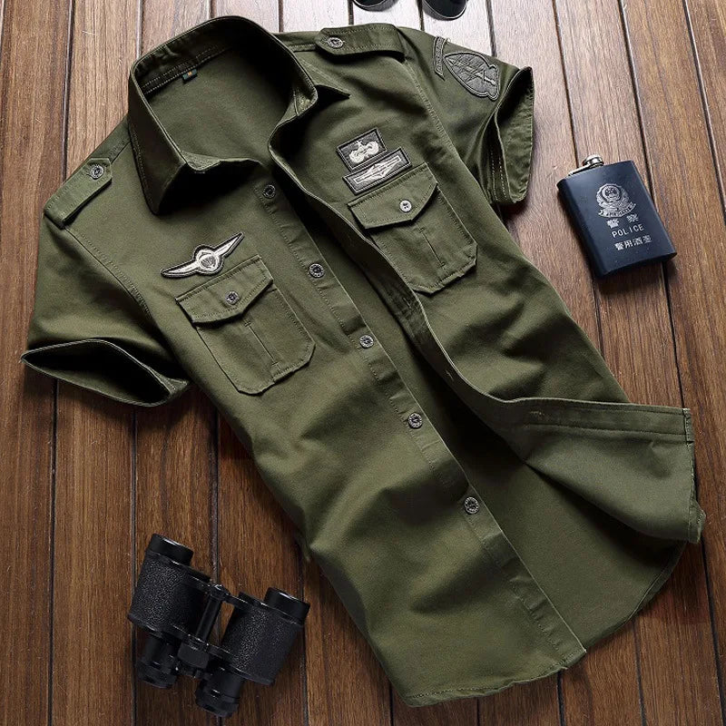 Military Shirt Men's Shirts Casual Style Fashion Clothing Cotton Short Sleeve Retro Vintage 6XL Embroidery Black Drop Shipping