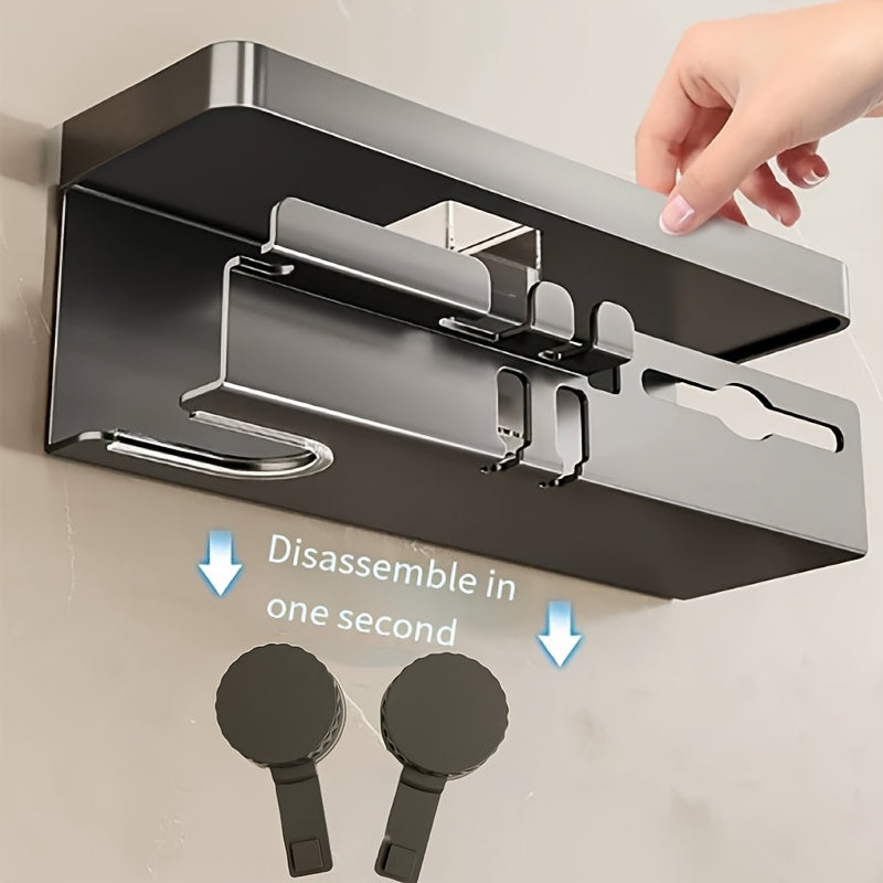 A Wall-Mounted Suction Cup Toothbrush Holder And Hairdryer Storage Rack, Multifunctional with One Storage Box And Two Cups, Suitable for Storing Hairdryers, Razors, Toothbrushes, And Cosmetics in The Bathroom.