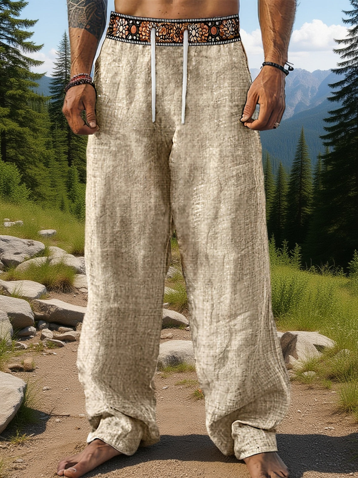 Men'S Casual Long Pants, Beach Trousers, Long Style, Daily Wear, Holiday, Travel, Drawstring Waist, Green, Khaki