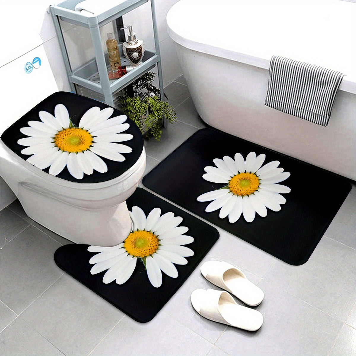 3pcs Black Daisy Print Bath Mat Set, Thickened Non-Slip, Machine Washable, Good Quality, Knit Fabric, Polyester, 600g/㎡, 1.2cm Thickness, Rectangular Floor Mat, Contour Mat and Toilet Seat, with Set Includes Bathroom Decorations, for Valentine'S Day, Wed