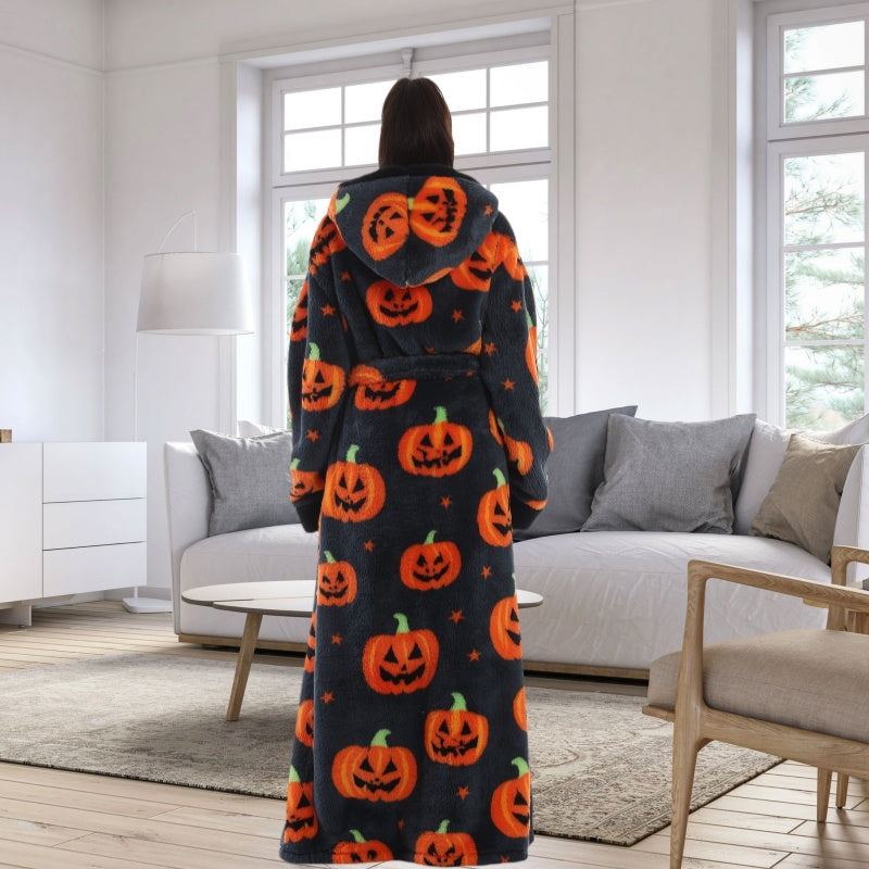 2025 New Style Pumpkin Home Dress - Essential for Christmas & Halloween - Winter Style - Fleece Style - Hooded - with Belt - Warm Long-Sleeved Hoodie; Indoor Bathrobe - Extended & Thickened Warm Gift - Premium Pumpkin Printed Color Series, Holiday Robe,