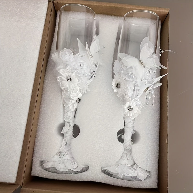 Handcrafted Elegant Glass Wedding Goblets with Floral & Butterfly Design - Reusable Bridal Wine Cups for Weddings, Anniversaries, Home Decor - High-End Wedding Gifts for Brides, Bridesmaids, Special Occasions, Wedding Accessories, Wedding Celebration, So