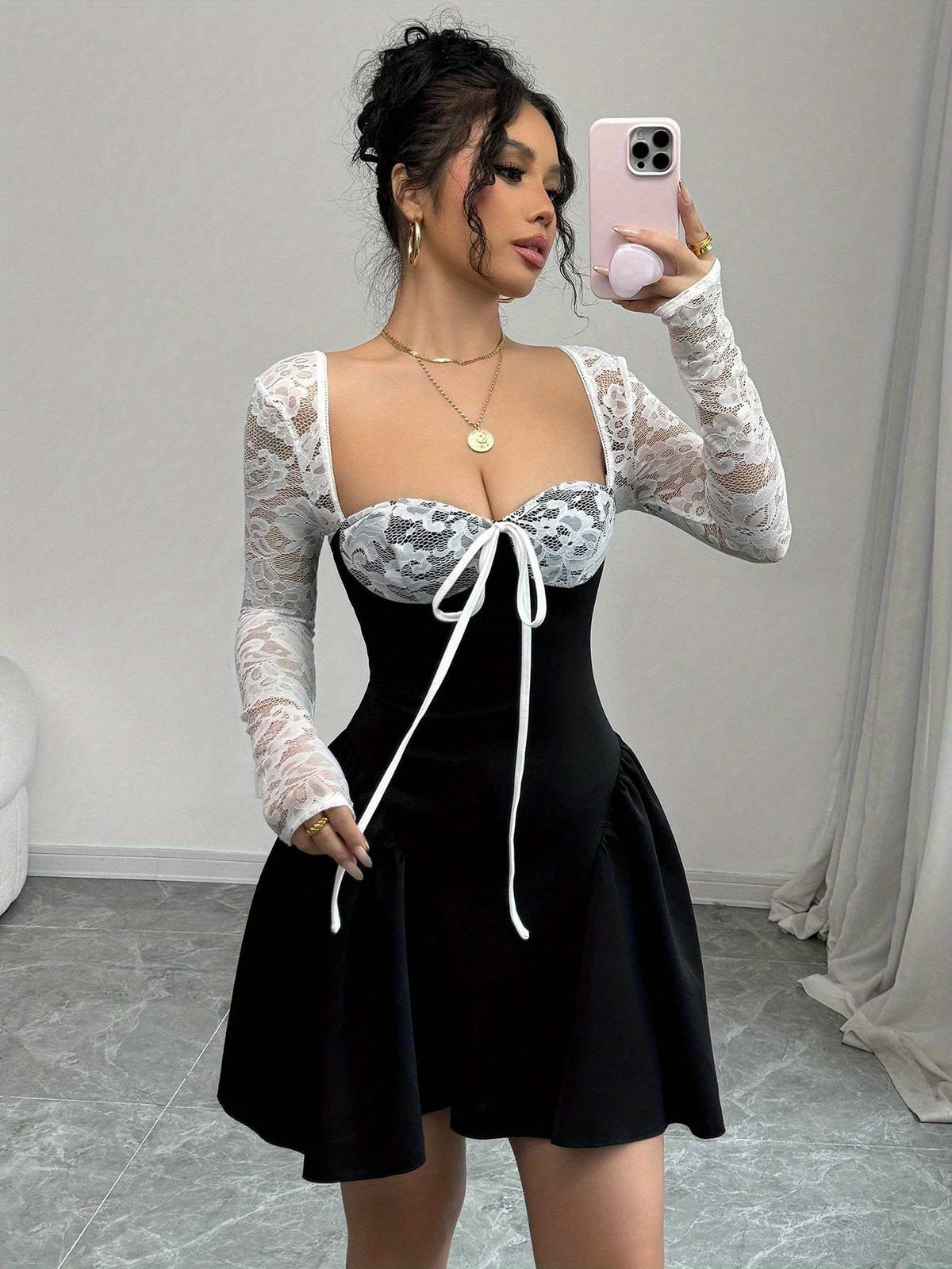 Lace Contrast Panel Dress with Black Airy Fabric, Front Tie Design, A-Line Shape for a Fit, Waist-Cinching and Figure-Flattering, Elegant and Fashionable, Perfect for Casual Attire, Instagram Influencer Style