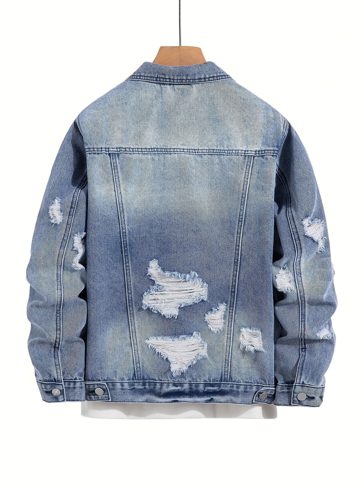 Men'S Streetwear Faux Denim Jacket with Distressed Details & Graphic Print - Washed Blue Faux Denim, Regular Fit Casual Outerwear for Spring/Fall, Daily Wear & Leisure Outings, Fall Fashion, Urban Style, Premium Stitching, Statement Piece, Young Adults