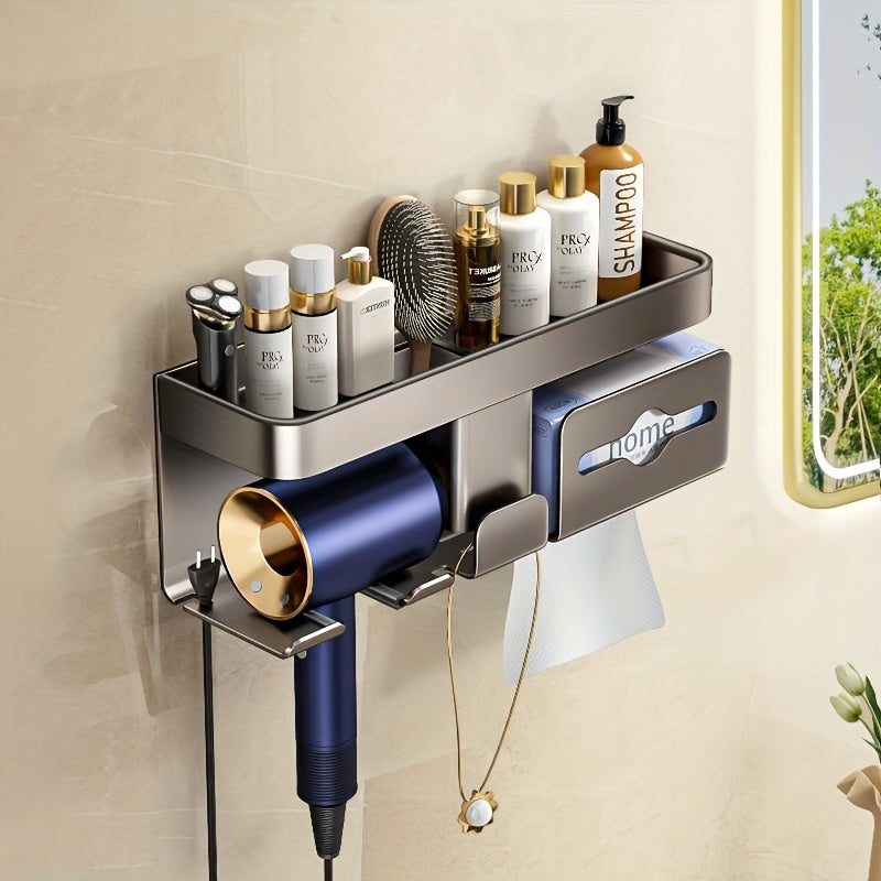 1pc Multifunctional Hair Dryer Holder, Wall Mounted Hair Dryer Storage Rack, Bathroom Hair Dryer Bracket, Hair Dryer Shelf Organizer, Bathroom Accessories, Bathroom Storage And Organization