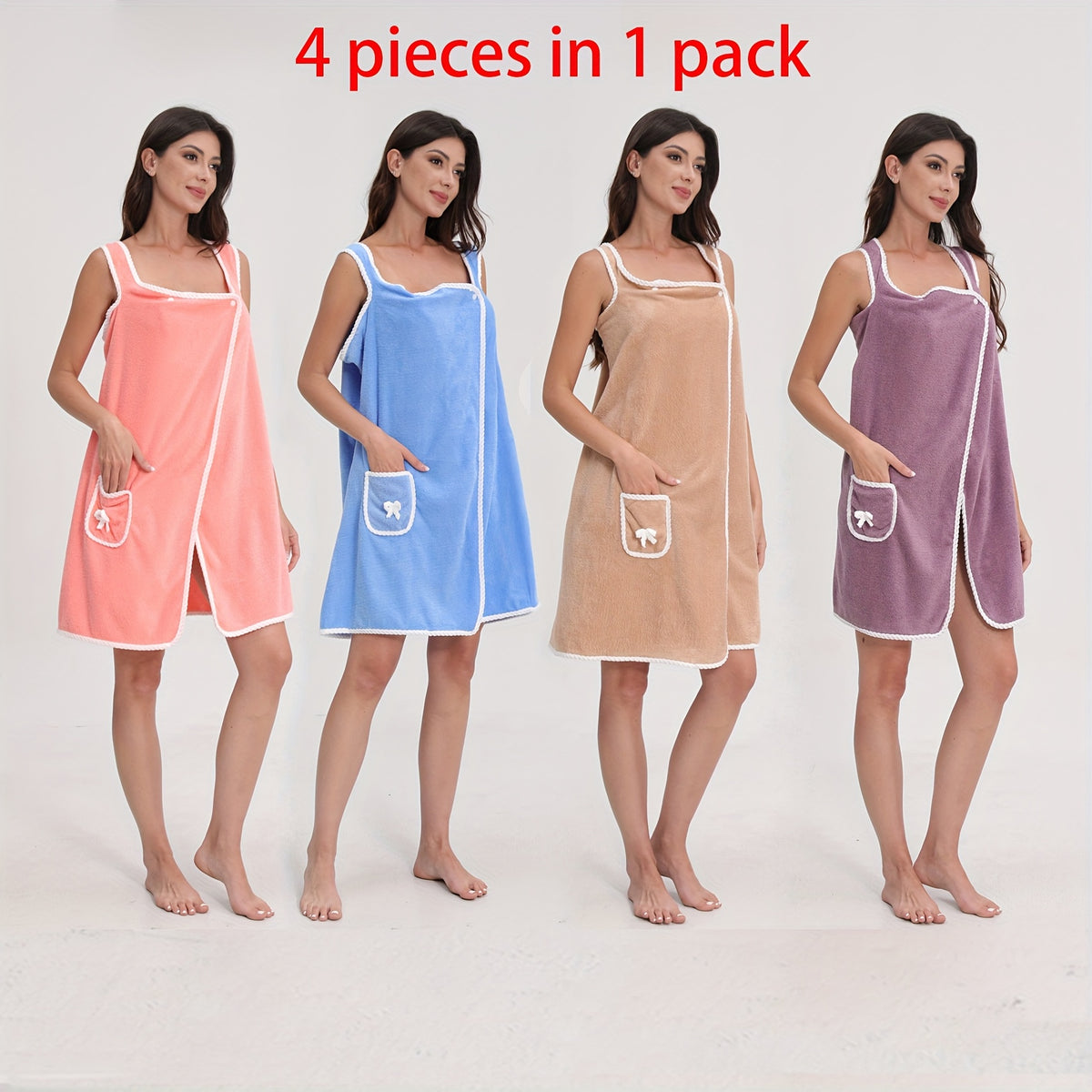 4pcs Set Bohemian Microfiber Towel Wrap with Pockets, Lightweight Oblong, 100% Polyester, Machine Washable, Knit Fabric, 200g/㎡, with Flower Theme, for Bathroom, Shower, Gym, Sauna, Indoor, Outdoor, Sports, Thanksgiving, Beach, Travel